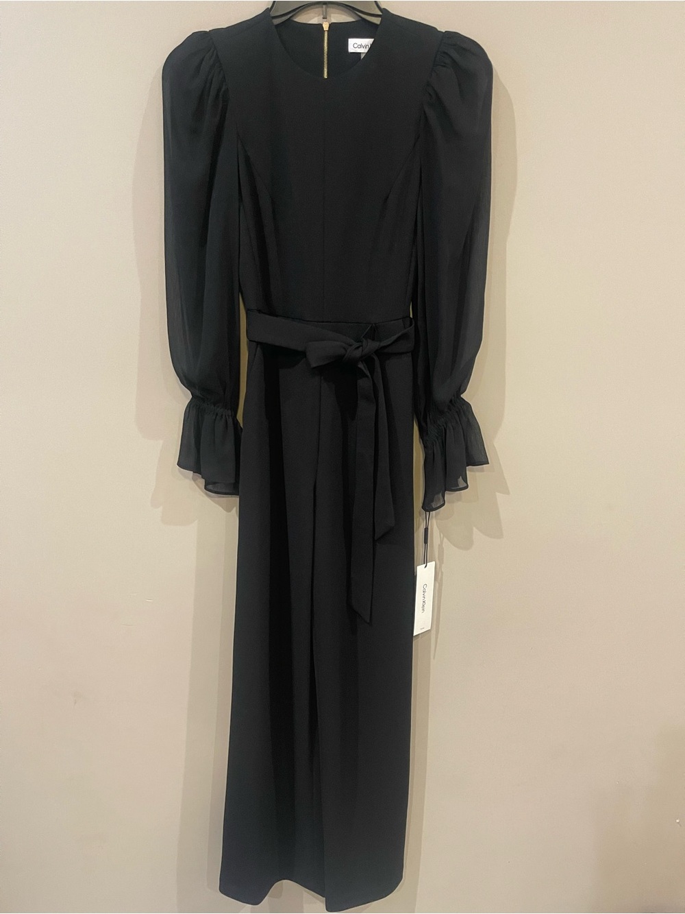 Calvin Klein Black Long-Sleeve Belted Jumpsuit with Puff Sleeves